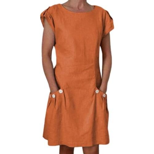 Loose SHORT Sleeve Dress 2021Dress Buttons All Match Loose Solid Color Lady Dress for Daily Wear