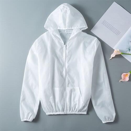 Womens Sunscreen Tops Summer Hooded Zipper Solid Color Thin Sun-protective Casual Long Sleeve White Blouse Sunscreen Cover-ups