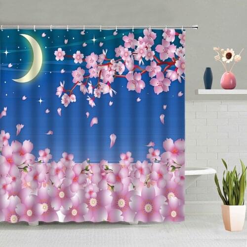 Pink Cherry Blossom Shower Curtain Creative Watercolor Love Green Plant Leaves Scenery Bathroom Bathtub Decor Screen Washable