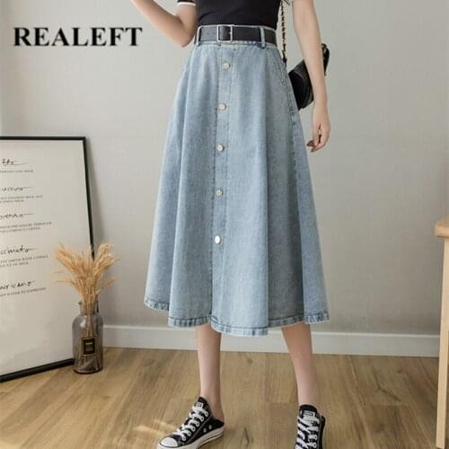 REALEFT Spring Summer 2021 New Denim Womens Umbrella Skirts with Belted Single-Breasted High Waist Jeans A-Line Skirts Female