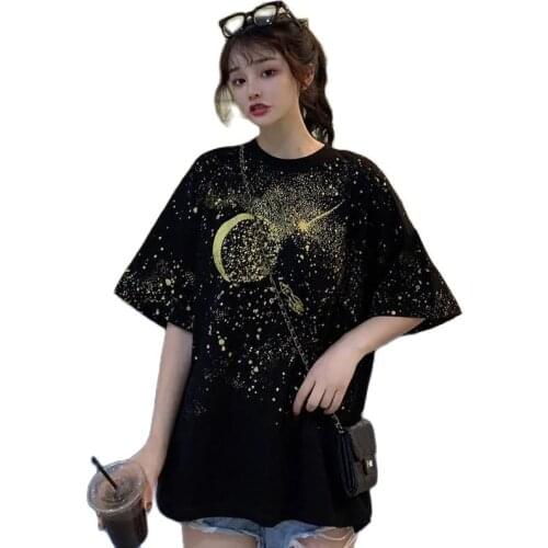 Fashion Hot Stamping Starry Sky Tshirt Femme 2021 Summer New Creative Short Sleeve T-Shirt Tide Brand Korean Version Loose