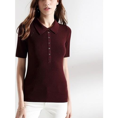 100%wool knit women spring autumn fashion thin tshirt pullover short sleeve tees sweater turn-down collar S/36-XL/42