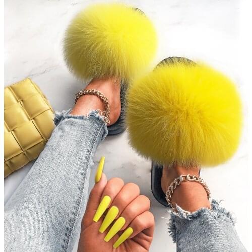 Ethel Anderson Womens Furry Slippers Ladies Vogue Real Fox Fur Hair Fluffy Sandals Womens Genuine Fur Flip-flops