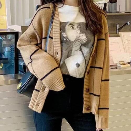 Women Knitted Sweaters Plaid Cardigan Casual Oversized Long Sleeve Winter Cardigans Harajuku Button Loose Clothes Women 2021