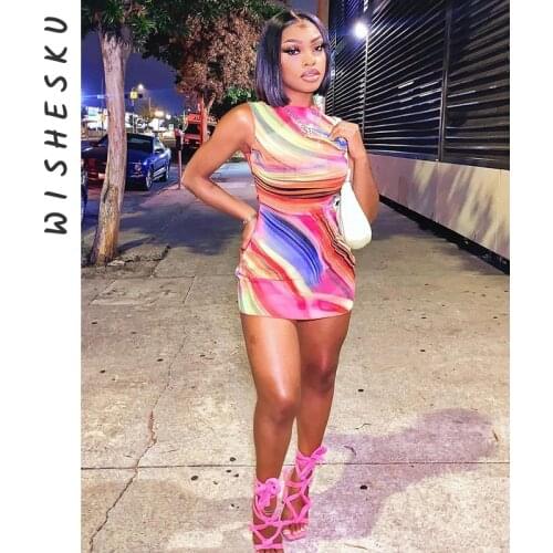 Tie Dye Wave Print Bodycon Womens Mini Dress O Neck Sleeveless Slim Dresses 2021 Summer Clubwear Night One Piece Outfits