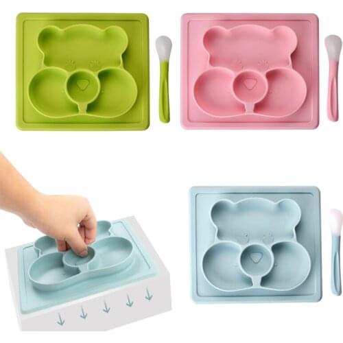2 Pcs/Set Cartoon Bear Feeding Dinner Plate Spoon Set Non-slip Suction Tableware Food Grade Silicone Baby Training Dinner Plate