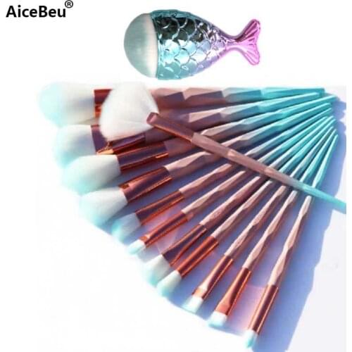 AiceBeu 7/10/12PCS Diamond Macaron Makeup Brushes Foundation Eyebrow Eyeliner Brushes maquillaje with 1PC Mermaid Fish brush