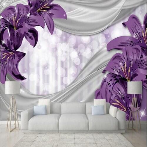 American Style 3d Wall Paper Purple Lily Flower Silk Garden Fresco for Living Room TV Backdrop Wall Decor Floral Wallpaper Mural