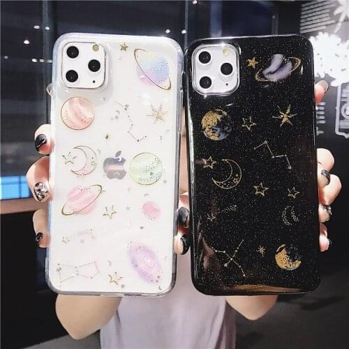 Glitter Bling Stars Moon Case For iPhone 12Pro 11Pro Max X XR XS Max 7 8 6 6s Plus Clear Planet Phone Cases Soft TPU Back Cover