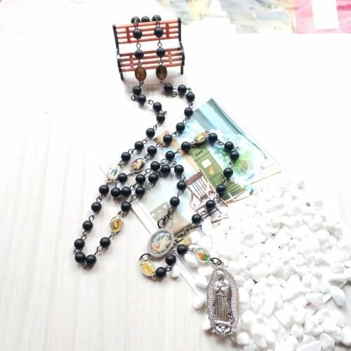 Black Frosted Stone Agate Rose Prayer Necklace Love Madonna Rosary Seven Sorrows Men and Women Faith Pendant Gift