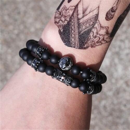 Black Onyx Stone Beads Men Bracelet Crown Lion Bracelets For Women Pulseras Hombre Moda Masculina Mens Braclets Bileklik Erkek