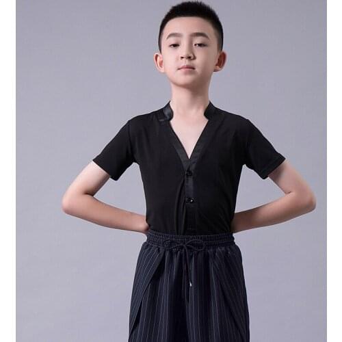Latin Dance Clothes For Boys Short Sleeve V-Neck Black/White Practice Tops Professional Rumba Tango Samba Dance Shirt VO1382