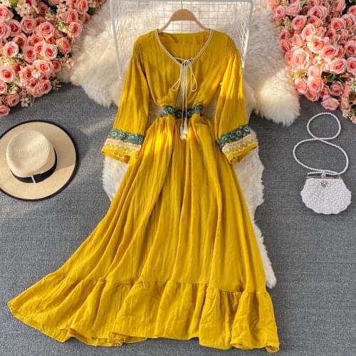 Jastie 2021 Spring Autumn Ethnic Women Long Dresses Retro Embroidery Stitching V-neck Flared Sleeve Dress Hippie Beach Dress