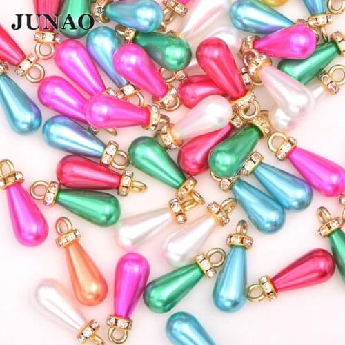 JUNAO 8*15mm Mix Color Sewing Pearl Pendant Beads Drop Pearl Rhinestone Bridal Pearl Applique For Bracelet Jewelry Decorative