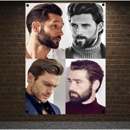 The Classic Pompadour Haircut with Beard Posters Wall Sticker, Tapestry Flag Banner Hair Salon Barber Shop Home Decoration C3