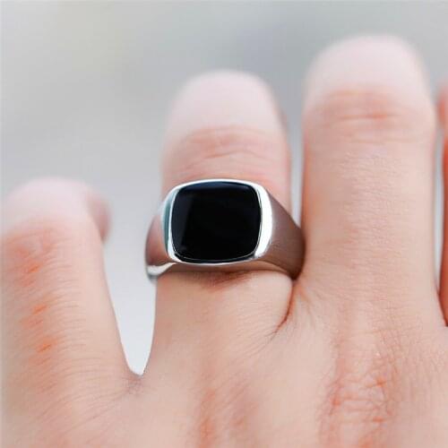 Antique Black Stone Square Cut Rings for Men White Gold Filled Geometric Jewelry Male Wedding Engagement Ring Mens Birthday Gift