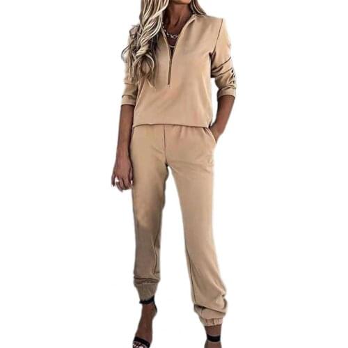 Women Long Sleeve Two Piece Set Solid Color Ankle Banded Women Outfit Zipper Neck Sweatshirt Tops Pockets Pants Set Streetwear