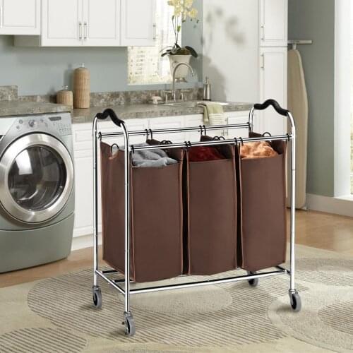 34'' Laundry Basket Organizer For Dirty Clothes Laundry Hamper Large Sorter 3bag Grids Collapsible Basket With Wheel Storage Car