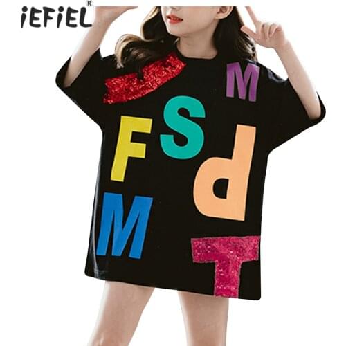 Kids Girls Summer Dress Fashion Short Sleeves Shiny Sequins Letters Print T-shirt Party Casual Loose Dresses Children Clothing