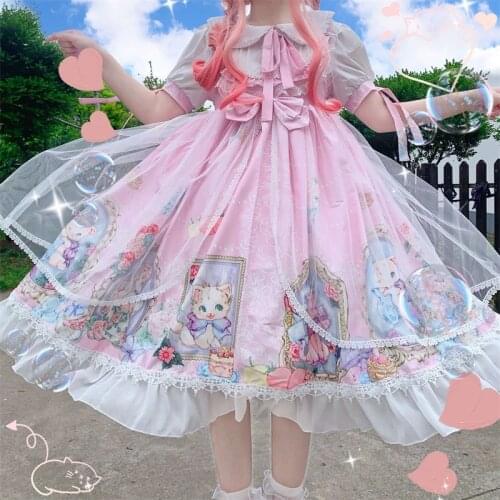 Japanese Sweet Lolita Style Soft Girl Dress Kawaii Peter Pan Collar Cat Printing Ruffles Cute Short Sleeve Bow Lace Gauze Dresse