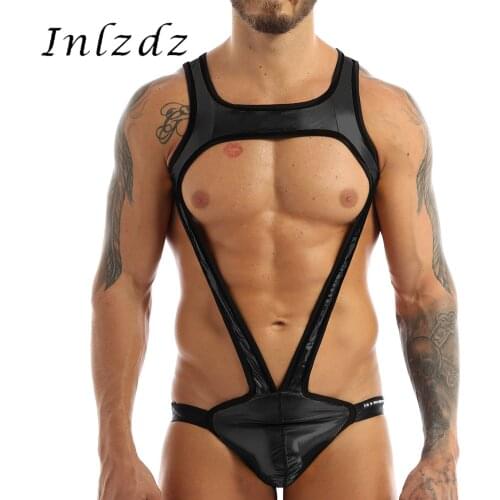 Mens Lingerie Mankini Bodysuit Underwear Shiny Metallic Wide Shoulder Straps Bulge Pouch Jockstrap Wrestling Singlet Leotard