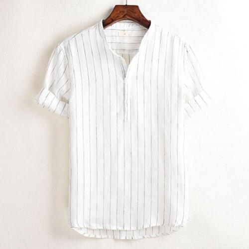 New fashion spring and summer casual mens shirt cotton short-sleeved striped slim-fit stand-up collar shirt mens clothes S-5XL