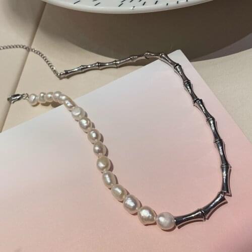 Original design fashion stitching freshwater pearl bamboo section necklace personality collarbone necklace chain woman