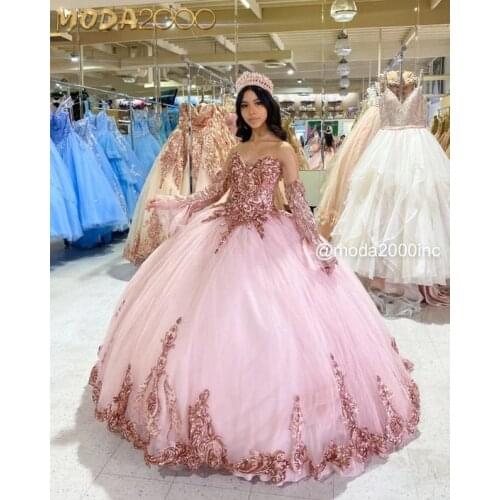 Glittery Rose Gold Pink Quinceanera Dresses 2021 Off the Sleeve Bell Sleeved Quince Dress Sweetheart Lace-up Corset Prom Gowns
