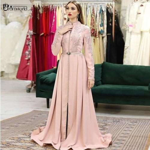 Long Sleeve Muslim Evening Gowns for Women Kaftan Robe Rose pour Mariage A-Line Beaded Lace High Neck Elegant Formal Dresses
