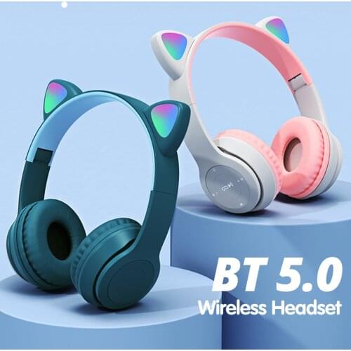 LED Cat Ear Wireless Headphones Bluetooth-compatible Earphone Kids Gift Headset With Mic Noise Cancelling For Online Learning