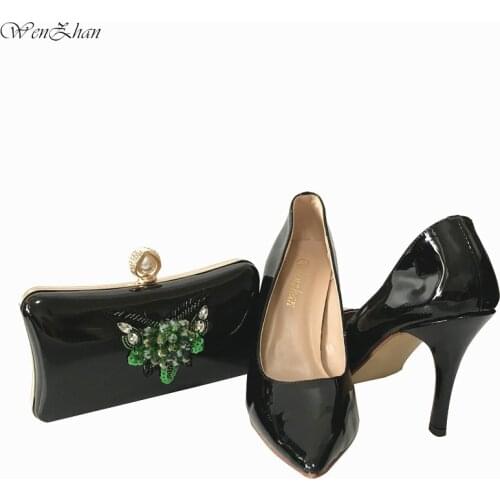 WENZHAN High heel shoes and bag to match black latest design with good quality Soft shoes with match bag set for wedding 36-43