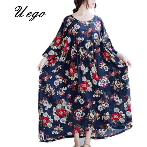 Uego Thin Light Soft Cotton Linen Holiday Beach Casual Dress Print Floral Plus Size 5XL 6XL Women Summer Long Maxi Dress Robes