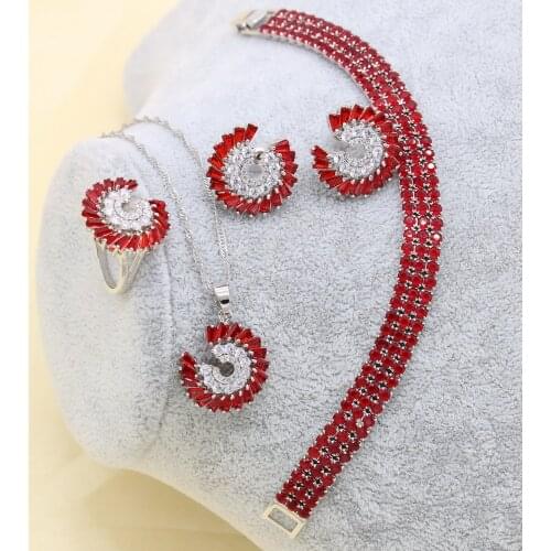 XUTAAYI Red Silver Color Wedding Jewelry Sets Earrings For Women Luxury Jewelry Bracelet Rings Bridal Pendant Necklace Set