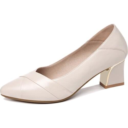 Black Beige High Heel Cow Genuine Leather Women Pumps 2021 Ladies Slip On Work Office Casual Square Heels Wedding Shoes M0387