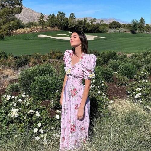 Prairie Chic Floral Dress for Women 2021 Summer Maxi Dress Short Puff Sleeve Removable 3D Flowers Slim Pink Long Holiday Dress