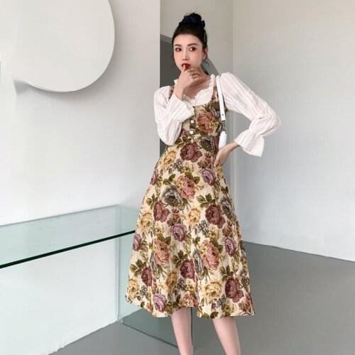 2021 Autumn Square Collar Floral Print A Line Dresses Lady Vintage Flare Sleeve Jacquard Lace Two Piece Dress Women Fashion Robe