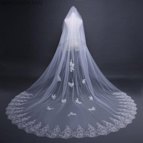 2021 New Arrival 3 Meters Two Layers Lace Appliques Cut Edge White Ivory Wedding Veil Long 3 M Bridal Veil for Wedding