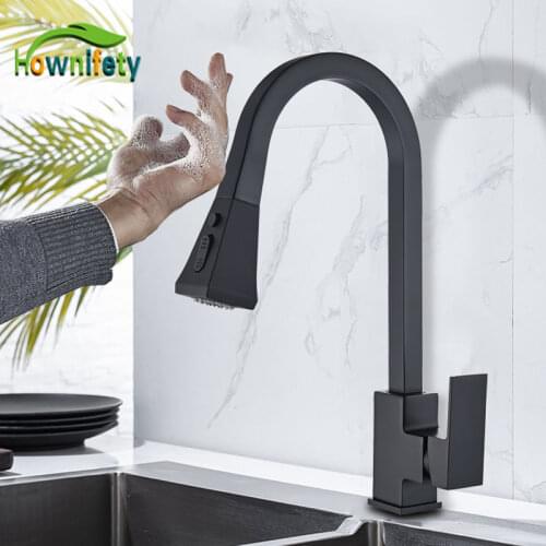 Black Sensor Touch Kitchen Faucet Deck Mount Hot Cold Mixer Crane Tap 360 Degree Rotation Spray Stream Mode