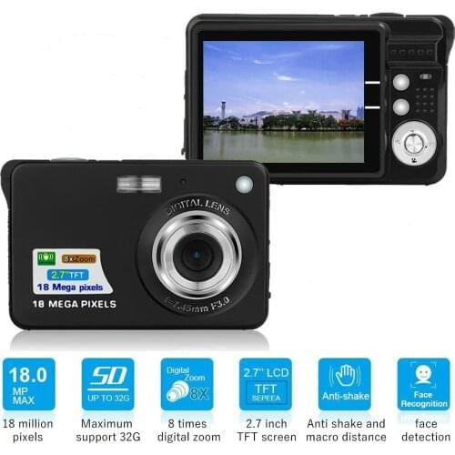 Mini Digital Camera 18 Mega Pixel 2.7 Inch 18mp 720p Portable 8x Zoom Tft Lcd Screen Anti Shake Photo JPEG f3.0 Lens