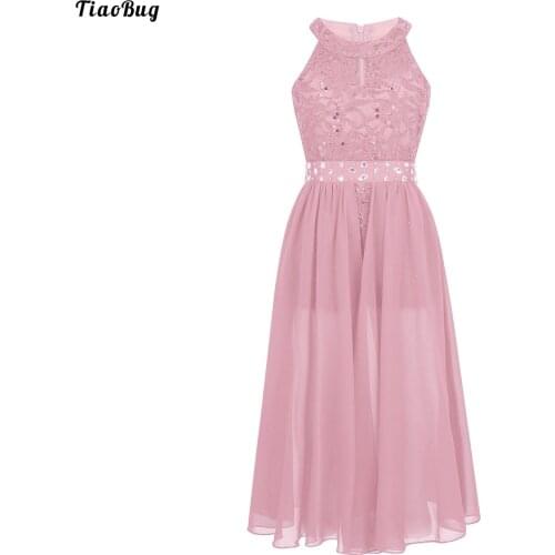 TiaoBug Kid Girls Sleeveless Floral Lace Rhinestone Maxi Romper Dress For Dance Birthday Party Wedding Stage Performance Costume