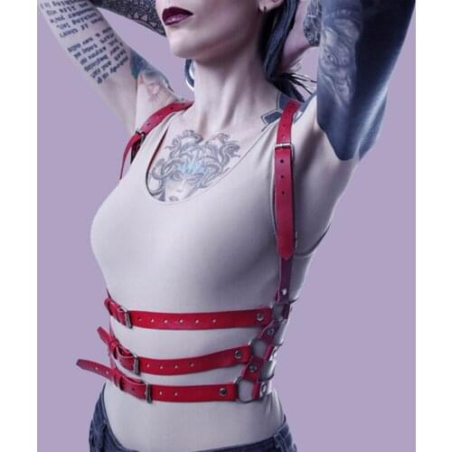 Gotic fetish Red leather harness Women bdms bondage body Sexy Chest Sculpting langerie Bra Waist Belts Stockings Dress Suspender