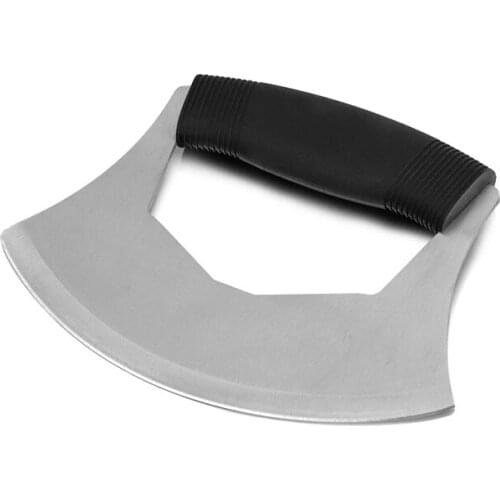 Stainless Steel Mezzaluna Salad Chopper Single Sharp Blade Herb Mincer Pizza Cutter Vegetable Fruit Knife with Cover