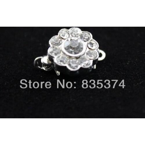 Brass Box Clasp,High quality, flower shape with Rhinestone, Imitation Rhodium plated, single row, nickel, lead & cadmium free