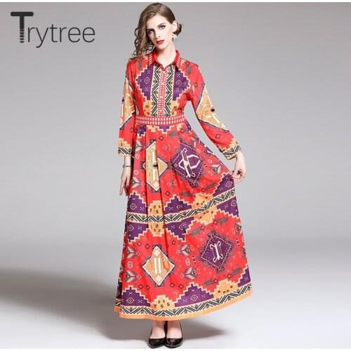 Trytree Summer Autumn Print Turn-down Collar Shirt Dress Women Red Single-Breasted Dresses A-Line Ankle-Length Bohemian Dress