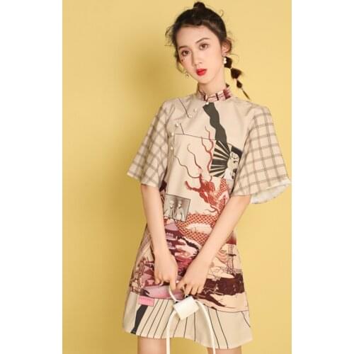 2021 Summer Chinese Traditional Dress Fashion Printed Modern Oriental Dress Lady Vintage Cheongsam China Runway Costume