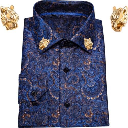 Fashion Collar Pin Blue Gold Paisley Silk Shirts Men Long Sleeve Casual Floral Shirts For Men Dress Barry.Wang Designer LY-0008