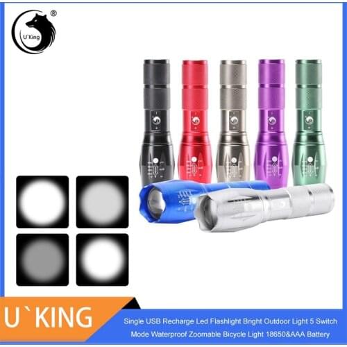 U'King Powerful LED Flashlight Support Zoom 5 Lighting ModesWith Attack Head Self-defense Torch Powered by 18650 Battery