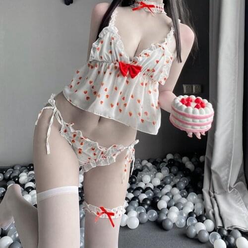 Strawberry Camisole Kawaii Sleepwear Cute Ruffle Uniform Girl Cosplay Costume Embroidered Sexy Lingerie Set Underwear For Women