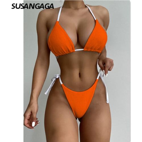 Sexy Bikinis Womens Swimsuit Women 2021 Solid Swimwear Ribbed Bathing Suit Halter Biquini Tie Waist Micro Thong Set Beachwear