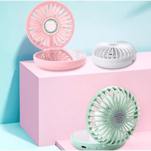 Portable Fan with Mirror Rechargeable Large Wind Volume 3 Speed ABS LED Cosmetic Beauty Small Fan for Office